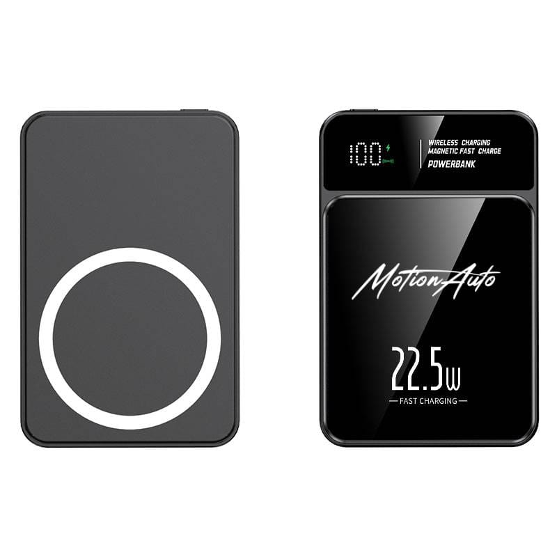 MotionAuto 10,000mAh magnetic wireless power bank, back and front with digital display