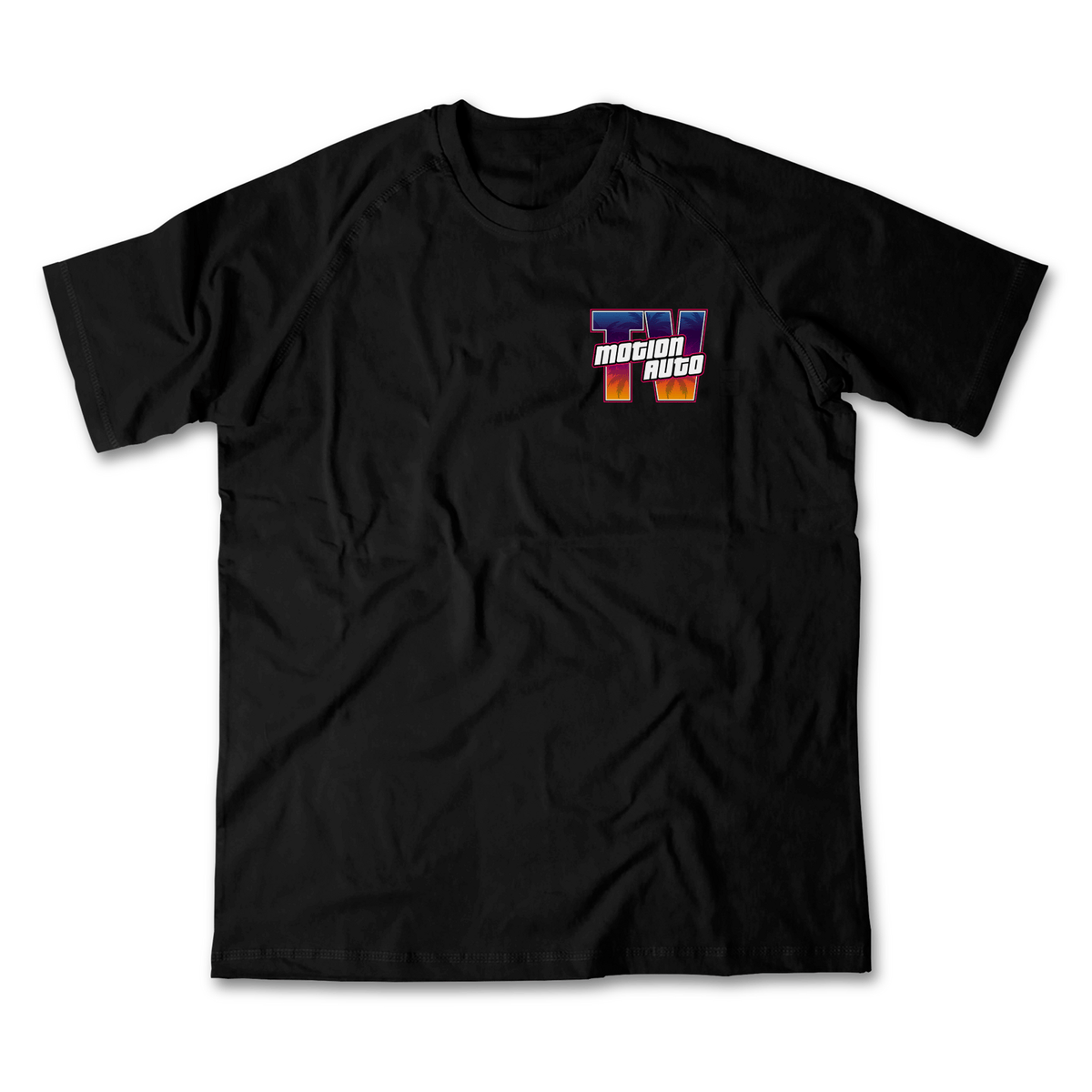 Sunset Supra Tee, black, front: MotionAuto TV logo on the left chest