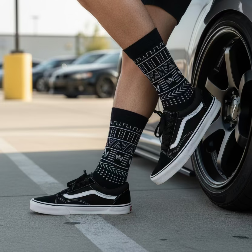 Black crew socks with white tribal print being worn