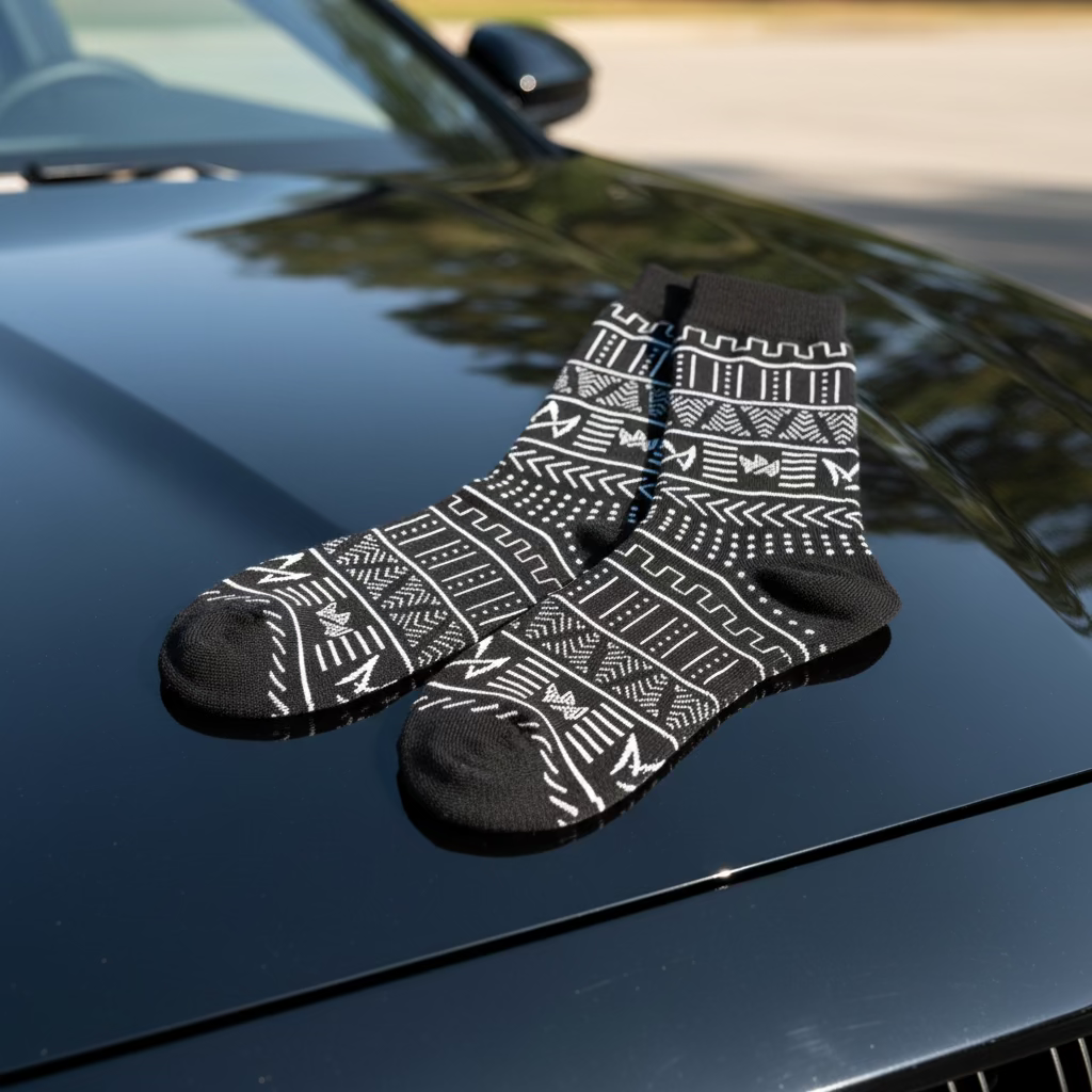 Black crew socks with white tribal print