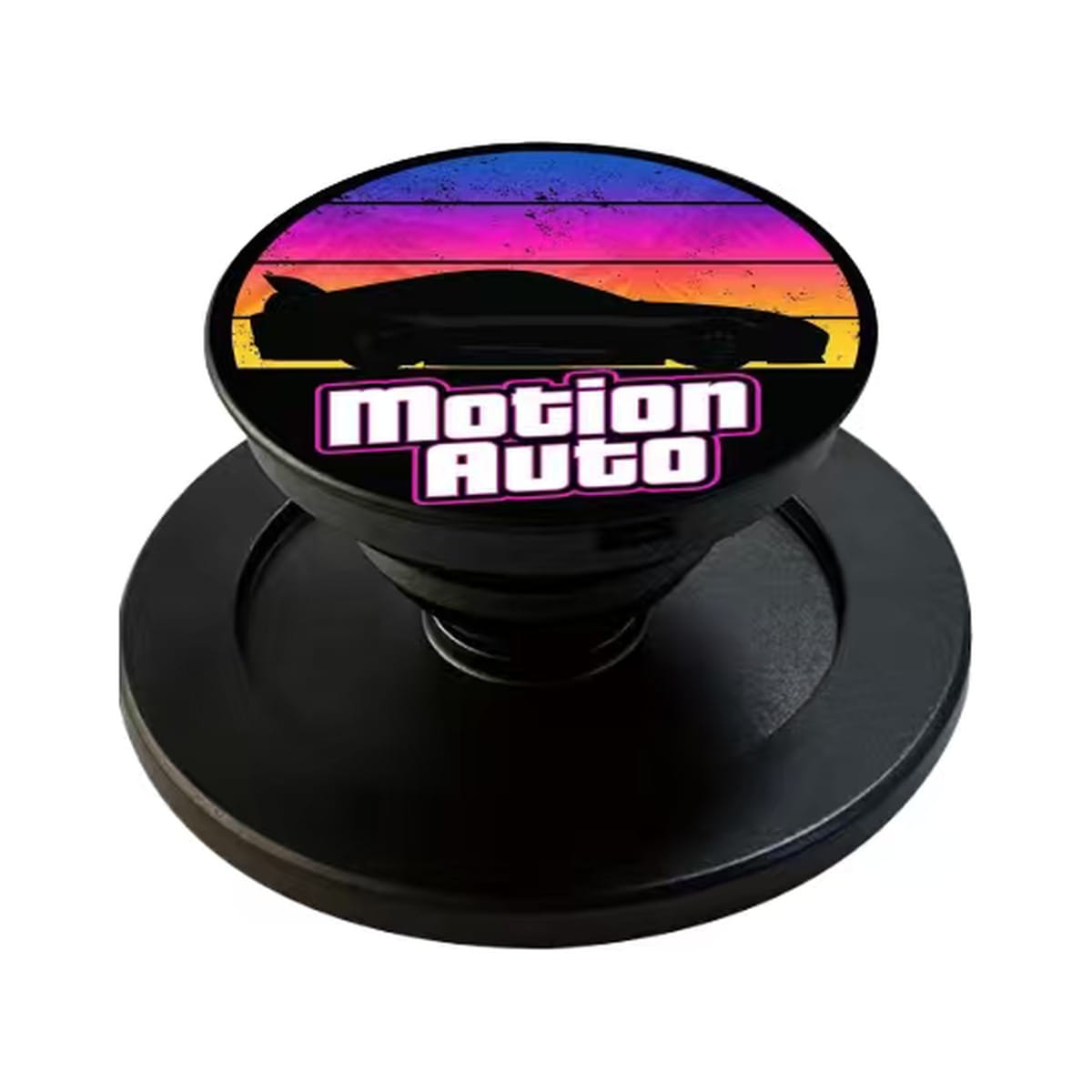 MotionAuto magnetic phone grip, popped out, with the neon sunset car artwork