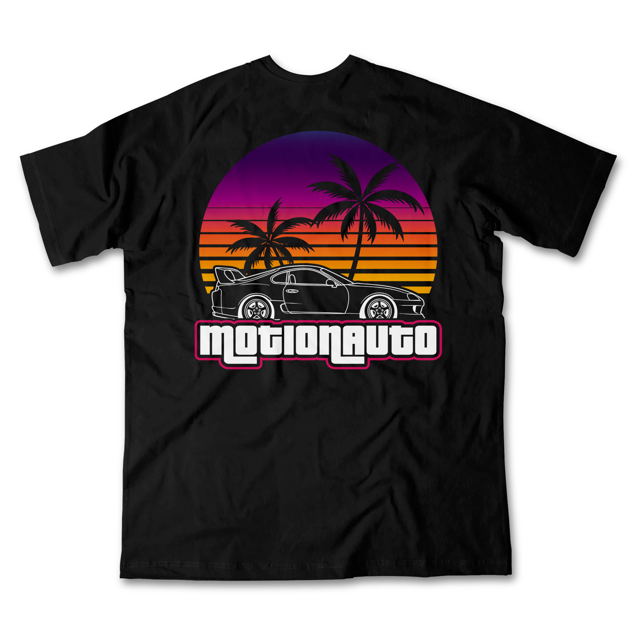 Sunset Supra Tee, black, back: Mk4 Supra outline over a retro sunset with palm trees, MotionAuto logo