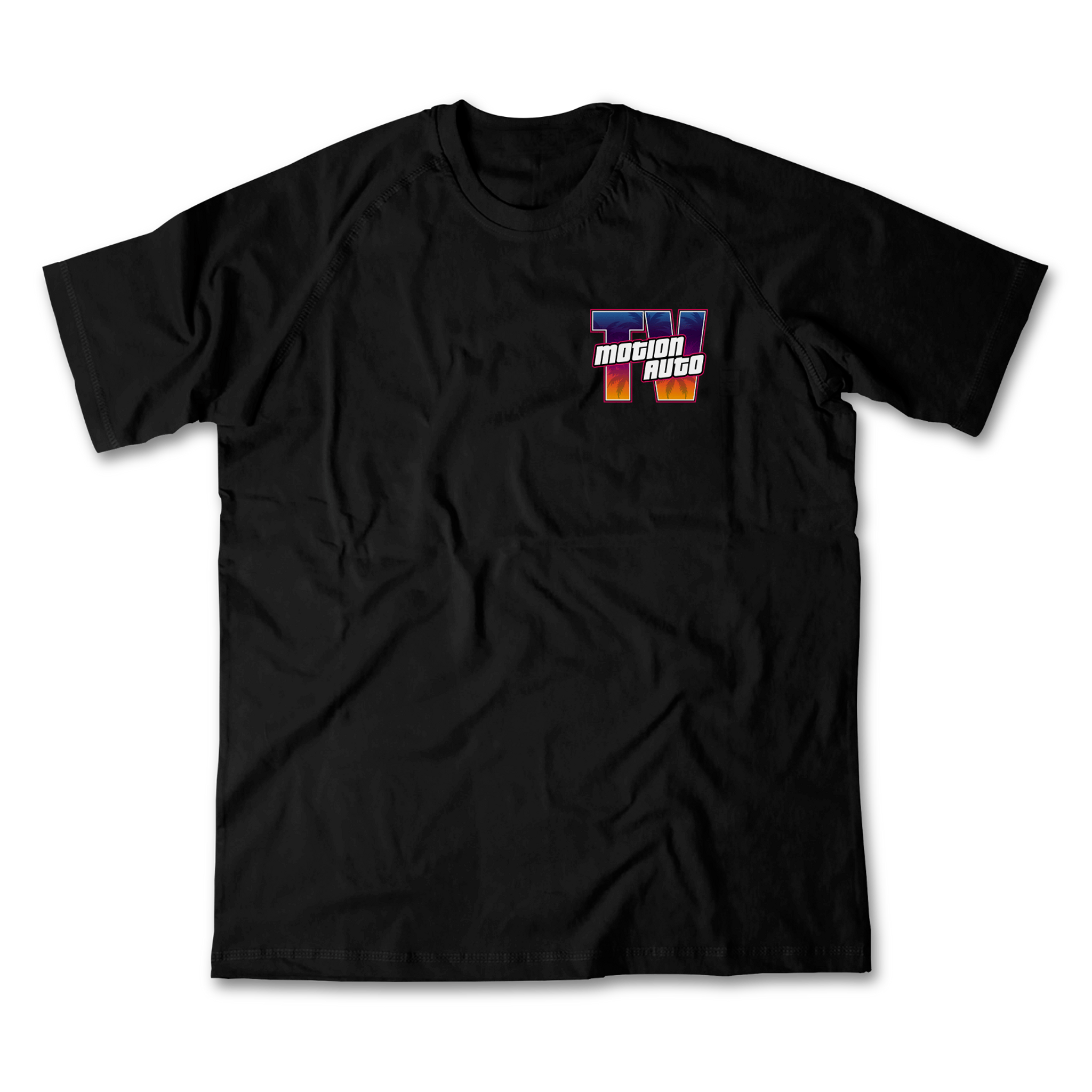 Sunset Supra Tee, black, front: MotionAuto TV logo on the left chest